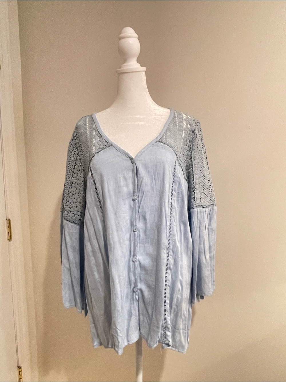 Light Blue Button-Front Crochet Sleeve Women’s Top